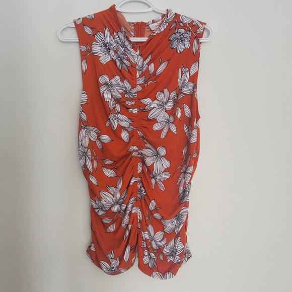 Calvin Klein Ruched Sleeveless Top Liquid Knit High Neck Burnt Orange Floral - Picture 2 of 3